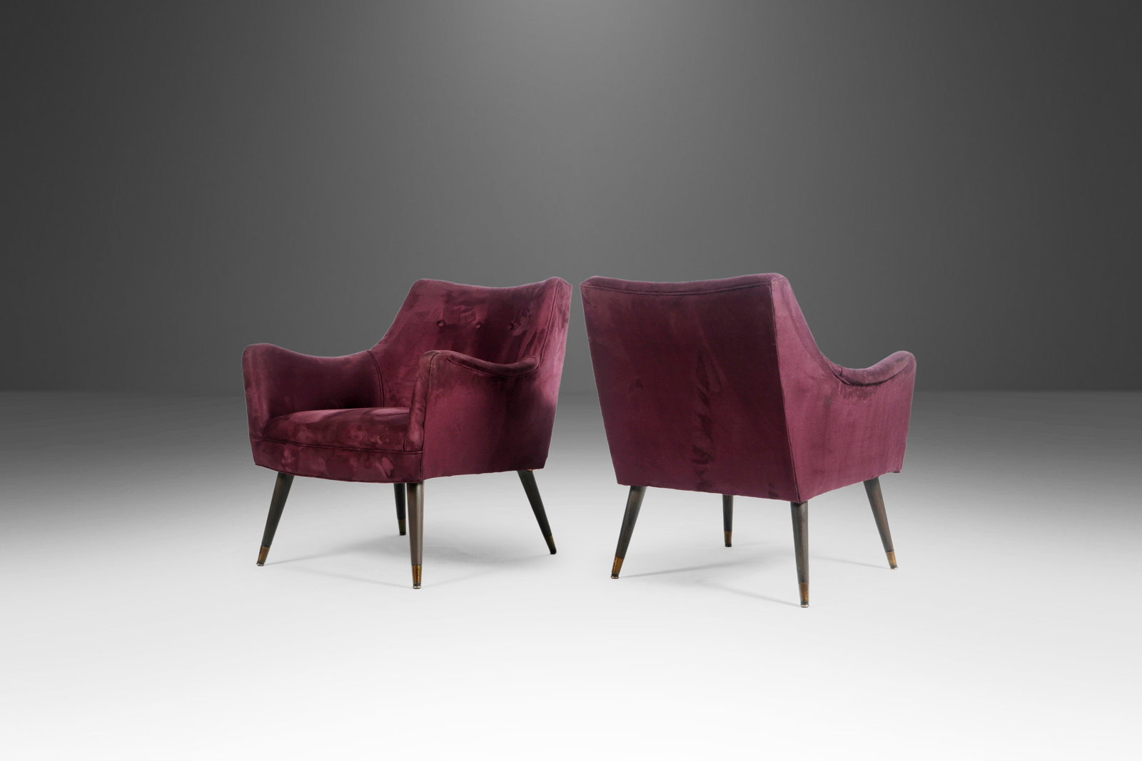 Vintage Mid Century Lounge Chairs Purple Fabric Paul McCobb USA 1960s: Vintage Mid Century Lounge Chairs Purple Fabric Paul McCobb USA 1960s This stunning pair of Mid Century Lounge Chairs, inspired by Paul McCobb, showcases a unique blend of style and comfort. Upholster