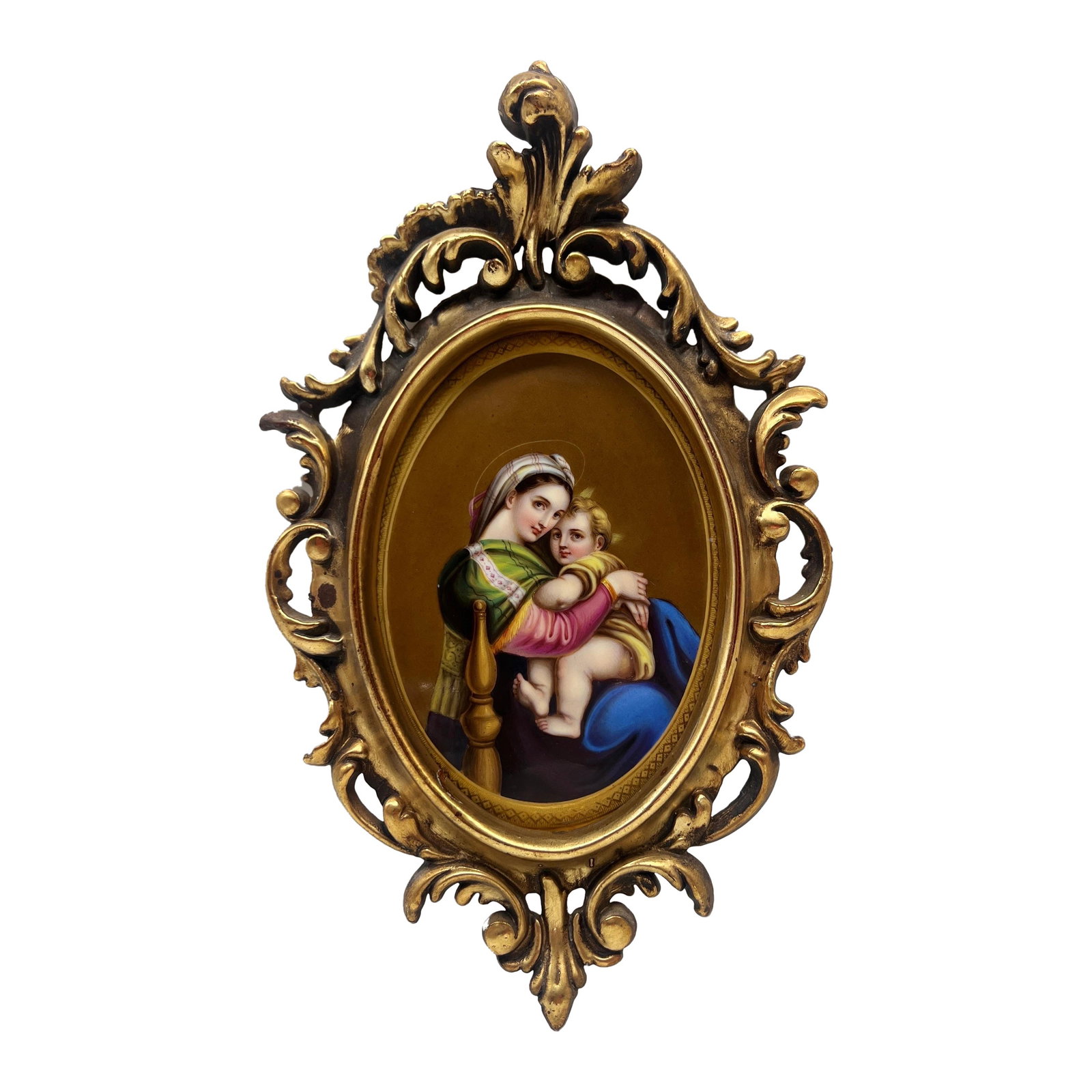 Antique KPM Porcelain Plaque Madonna Della Sedia Rococo Revival: Antique KPM Porcelain Plaque Madonna Della Sedia Rococo Revival This exquisite KPM Porcelain style plaque features the iconic "Madonna Della Sedia" after Raphael, a masterpiece originally painted betw