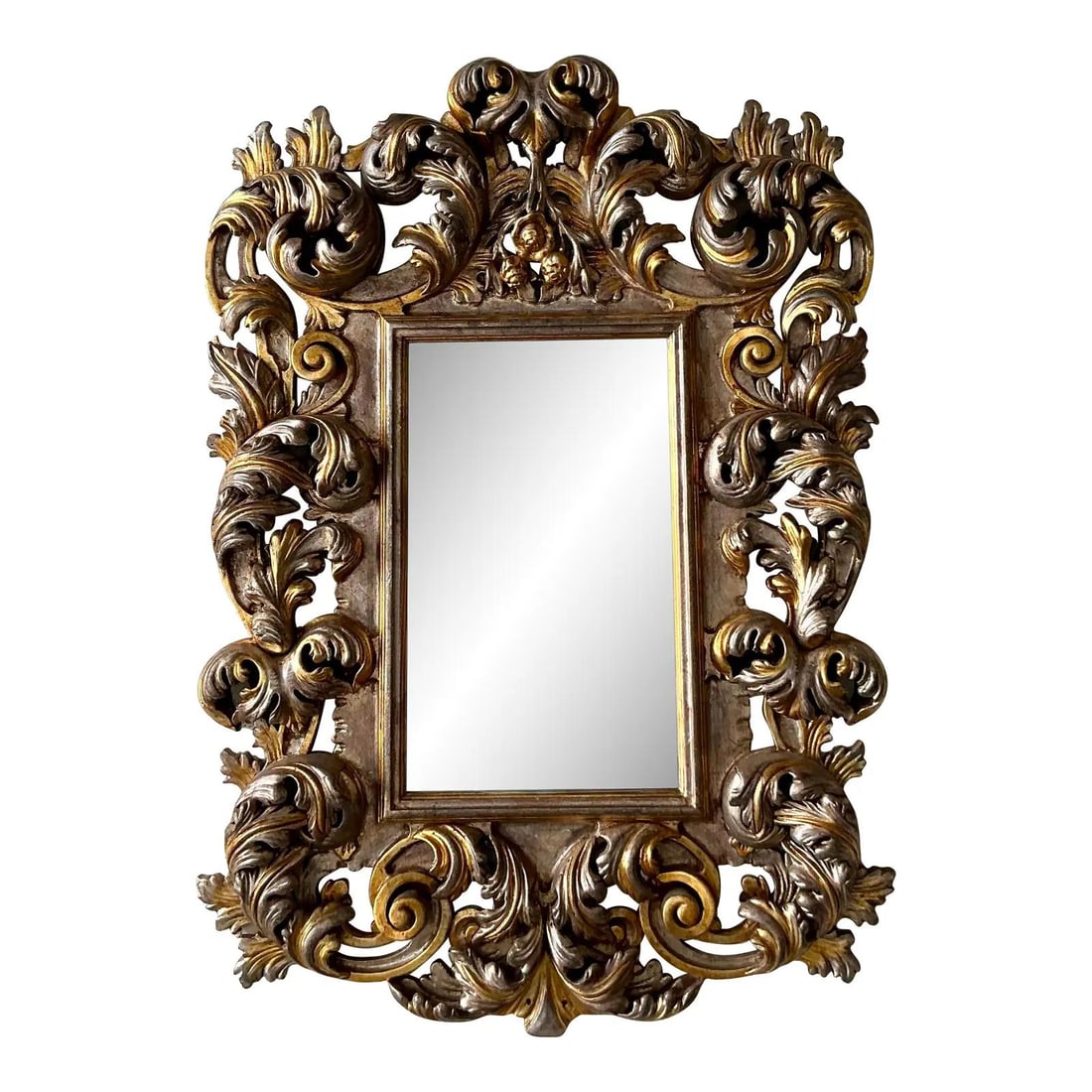 Baroque Giltwood Wall Mirror with Sculpted Acanthus Scroll Frame: Baroque Giltwood Wall Mirror with Sculpted Acanthus Scroll Frame This vintage Regency mirror features a deeply carved giltwood frame with elaborate Baroque-style acanthus leaves and dramatic C-scroll 