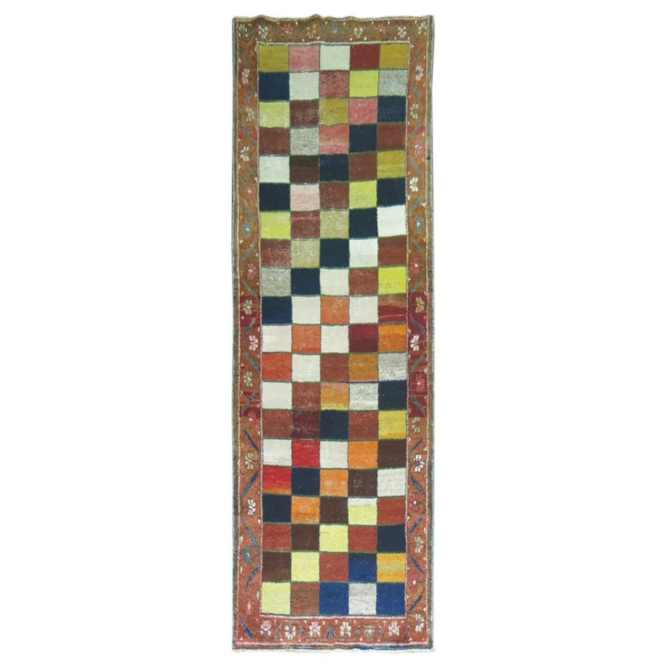 Vintage Persian Gabbeh Runner 40x136 Wool Futurist Iran 1940: Vintage Persian Gabbeh Runner 40x136 Wool Futurist Iran 1940 This Vintage Persian Gabbeh Runner from the Zabihi Collection showcases a unique futurist style, expertly crafted from high-quality wool. M