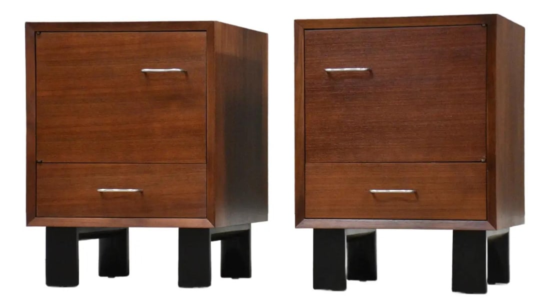 Pair of Walnut Mid Century Nightstands Designed by George Nelson: Pair of Walnut Mid Century Nightstands Designed by George Nelson This pair of mid-century modern walnut nightstands was designed by George Nelson for Herman Miller and dates to the 1960s. Each nightst