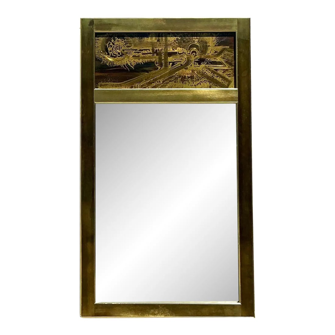 Vintage Boho Acid Etched Mirror by Bernard Rohne for Mastercraft: Vintage Boho Acid Etched Mirror by Bernard Rohne for Mastercraft Transform your living space with this vintage boho acid-etched mirror, inspired by the designs of Bernard Rohne for Mastercraft. Featur