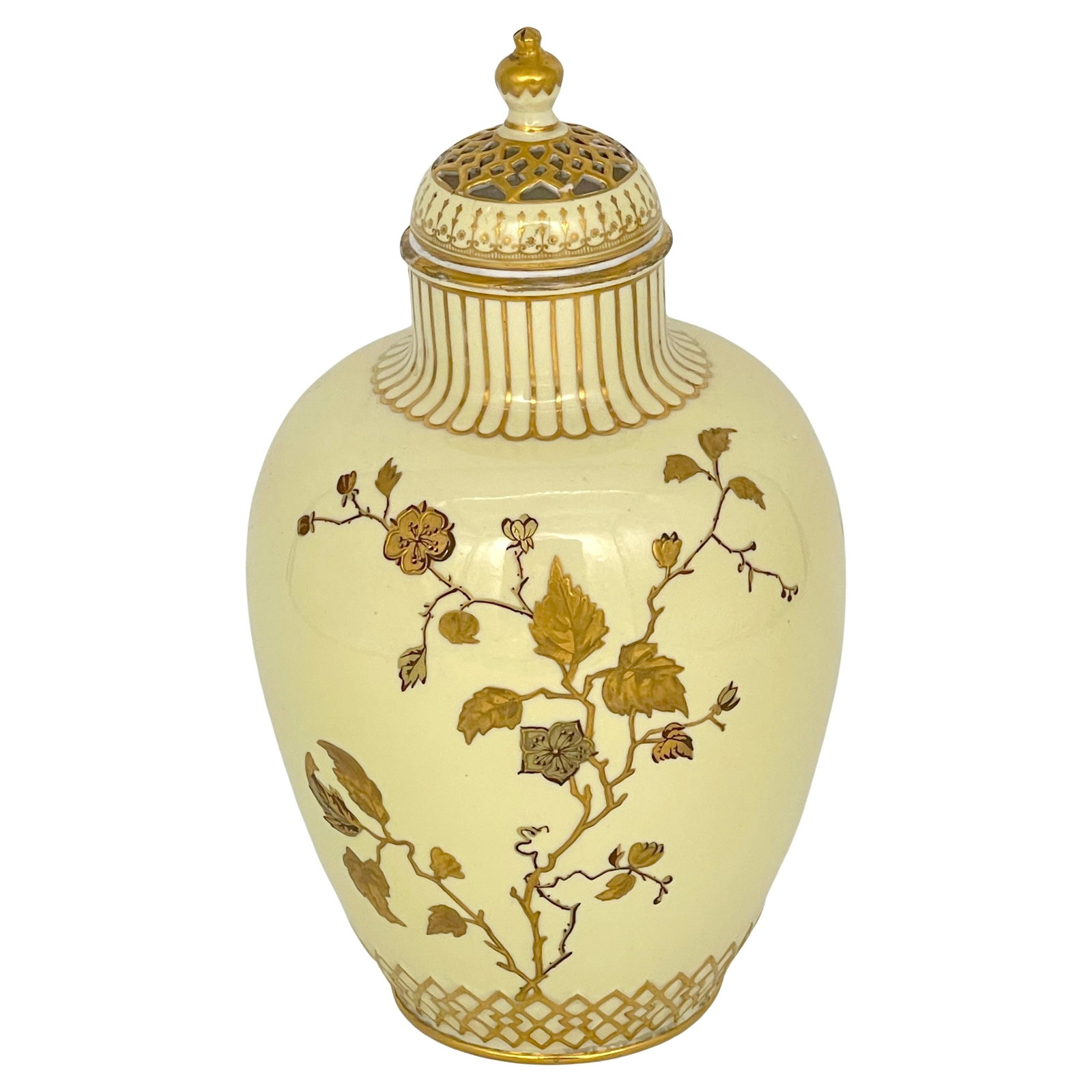 Aesthetic Movement Gilt Porcelain Potpourri Vase with Pierced Lid 1892: Aesthetic Movement Gilt Porcelain Potpourri Vase with Pierced Lid 1892 This Royal Crown Derby potpourri vase from 1892 exemplifies the Aesthetic Movement's refined style. Crafted in England from fine 
