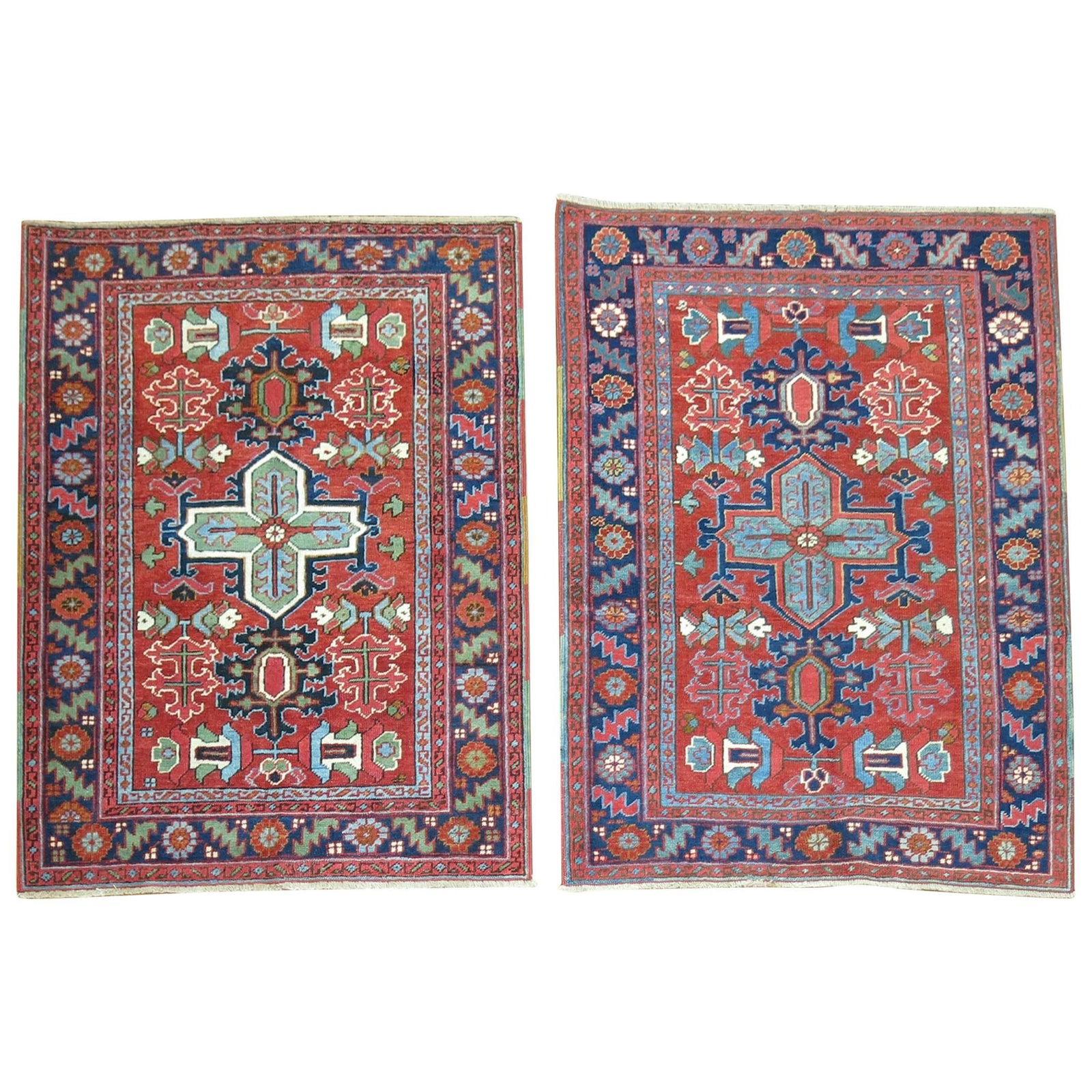 Antique Persian Serapi Rugs Set of 2 Hand-Woven Wool 1900-1920: Antique Persian Serapi Rugs Set of 2 Hand-Woven Wool 1900-1920 This exquisite pair of Antique Persian Serapi Heriz square rugs showcases the rich artistry of early 20th-century craftsmanship. Each rug