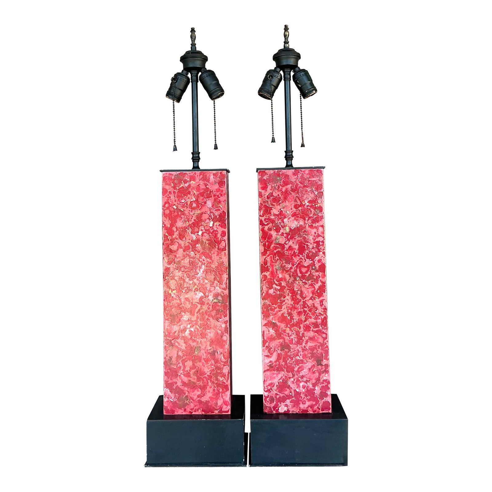 Vintage Boho Faux Marble Lamps Pair Red Gold Sculptural Design: Vintage Boho Faux Marble Lamps Pair Red Gold Sculptural Design Illuminate your space with this striking pair of vintage faux marble lamps, seamlessly blending timeless elegance with a bold, artistic f