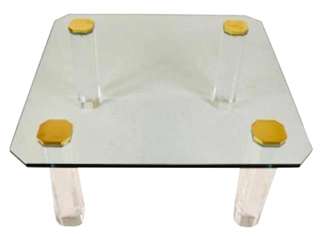Elegant 36x36 Glass Top Table with Brass Caps and Lucite Legs: Elegant 36x36 Glass Top Table with Brass Caps and Lucite Legs This exquisite Glass Top Table features a durable construction with a thick 1" plate glass top, complemented by heavy cast brass caps and 
