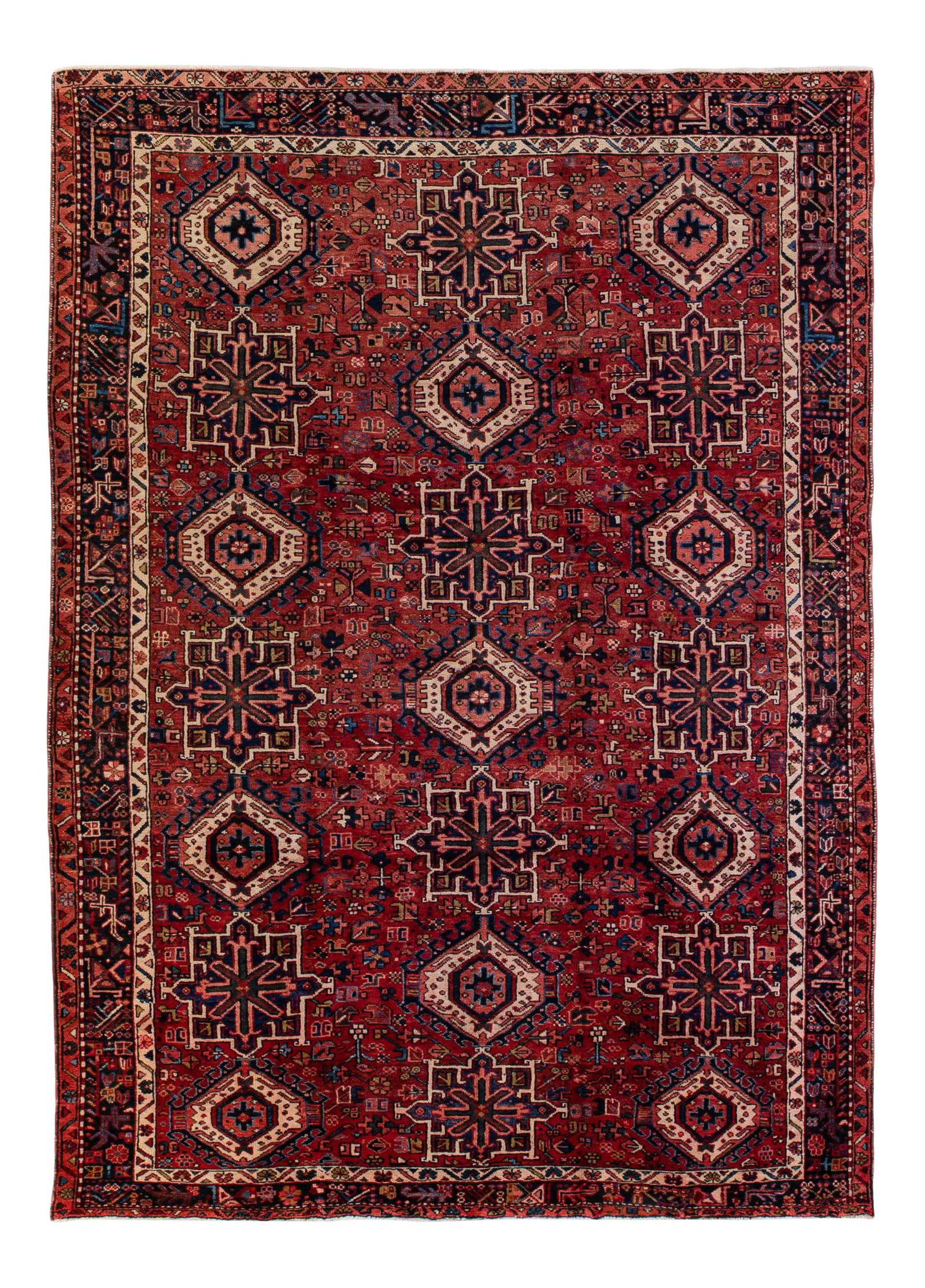 Antique Heriz Persian Wool Rug Red Geometric Design 8'10 x 12'3: Antique Heriz Persian Wool Rug Red Geometric Design 8'10 x 12'3 This exquisite antique Heriz Persian rug features a vibrant red field adorned with a striking blue-designed frame and a multicolor geome