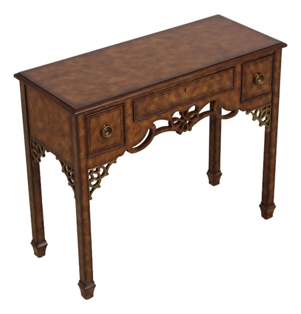 Chippendale Style Burlwood Console Desk with Three Drawers and Brass Hardware: Chippendale Style Burlwood Console Desk with Three Drawers and Brass Hardware This Maitland Smith writing desk features a Chippendale-inspired design with a stunning burl walnut finish. The desk is fi