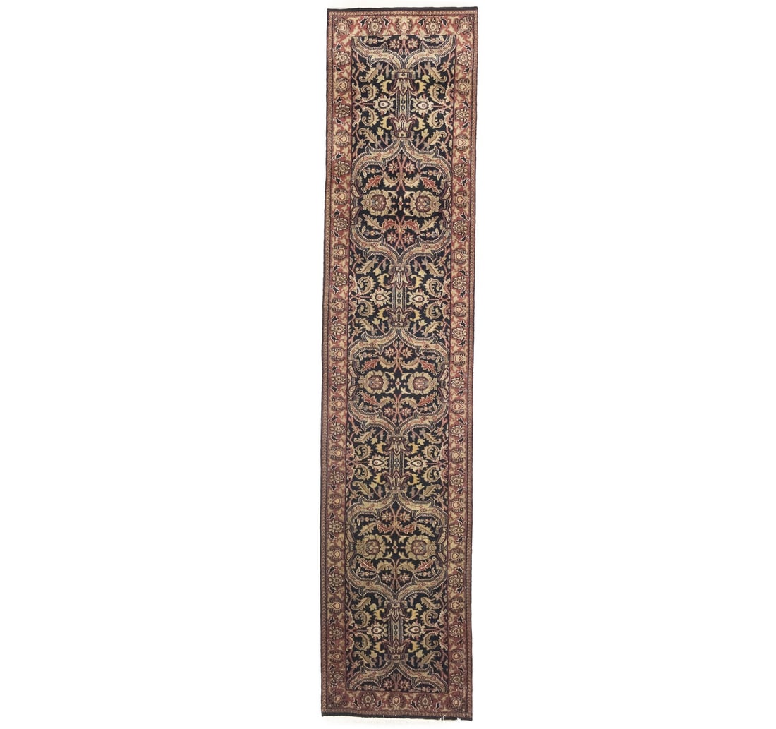 Handmade Wool Floral Runner Rug 2'7 x 12' Agra Jaipur Hallway Carpet: Handmade Wool Floral Runner Rug 2'7 x 12' Agra Jaipur Hallway Carpet This hand-knotted Agra Jaipur runner rug features a traditional floral pattern in shades of black, red, cream, beige, khaki, and gr