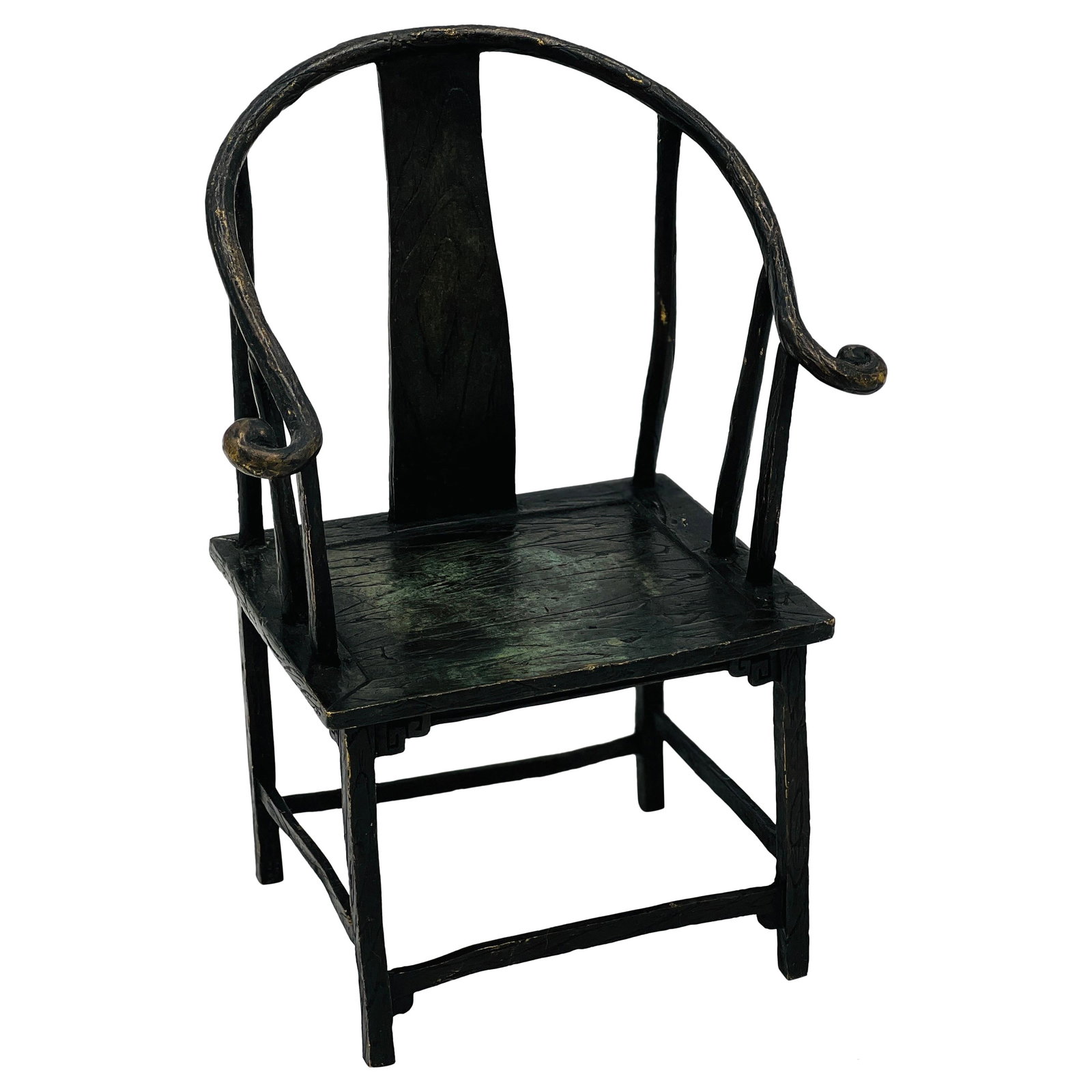 Patinated Bronze Chinese Horseshoe Chair Sculpture Signed Milo 2010: Patinated Bronze Chinese Horseshoe Chair Sculpture Signed Milo 2010 This exquisite miniature sculpture showcases a contemporary rendition of a Chinese horseshoe chair, meticulously crafted from bronze
