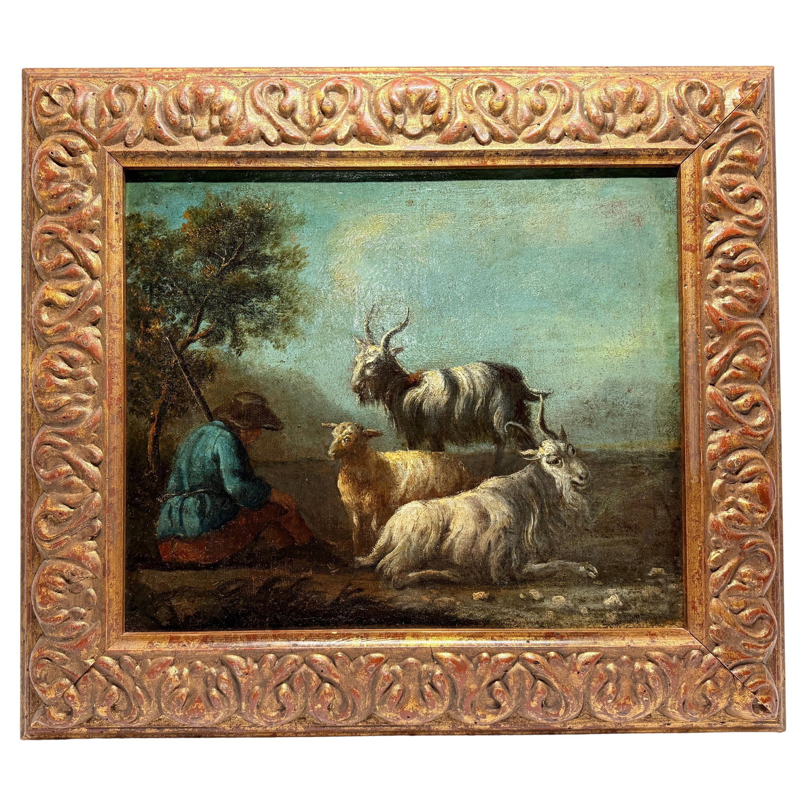 17th Century Flemish Oil Painting Shepherd with Flock in Giltwood Frame: 17th Century Flemish Oil Painting Shepherd with Flock in Giltwood Frame This exquisite 17th Century oil painting, titled "Shepards Solace Among The Flock," showcases a serene pastoral scene