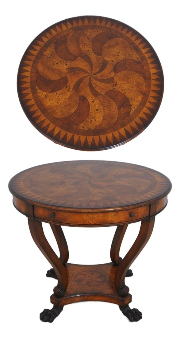 Regency Style Burlwood Center Table With Sunburst Inlay and Brass Accents (1 of 10)