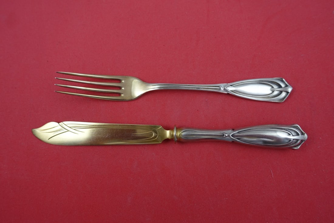Franz Bahner Jugendstil 800 Silver 2-Piece Fruit Set Gold Wash: Franz Bahner Jugendstil 800 Silver 2-Piece Fruit Set Gold Wash Discover the exquisite Jugendstil 2-piece fruit set by Franz Bahner, crafted from 800 silver and featuring a luxurious gold wash. This el