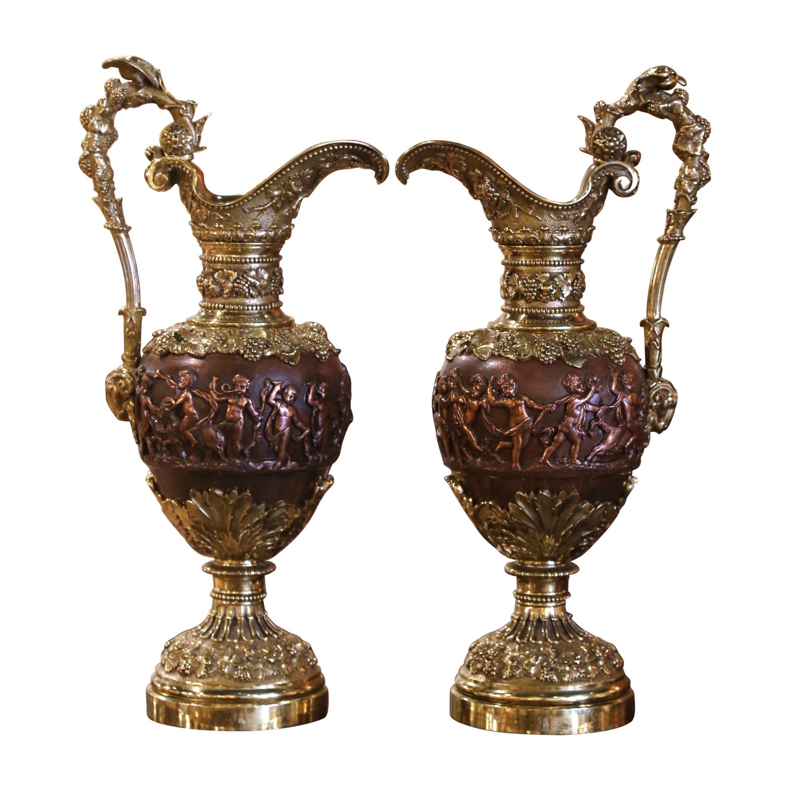 19th Century French Renaissance Bronze Ewer Set Maison Giroux: 19th Century French Renaissance Bronze Ewer Set Maison Giroux Make a stunning statement on your mantel with this exquisite pair of 19th Century French Renaissance ewers. Crafted in France circa 1870, 