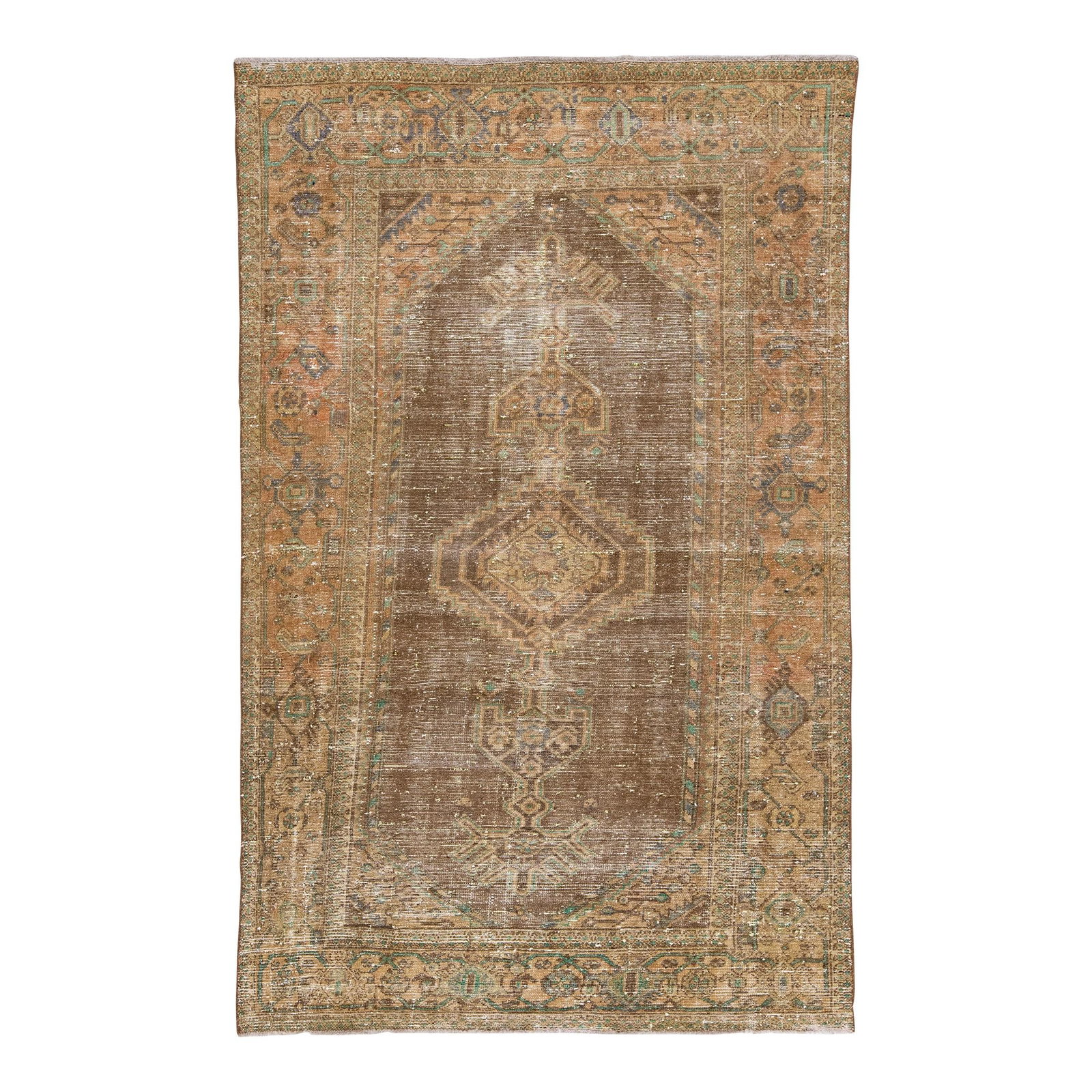 1960s Handmade Persian Wool Rug Tribal Geometric Design Brown: 1960s Handmade Persian Wool Rug Tribal Geometric Design Brown This stunning vintage Persian rug showcases a distressed hand-knotted design crafted from rich brown wool. The all-over geometric tribal p