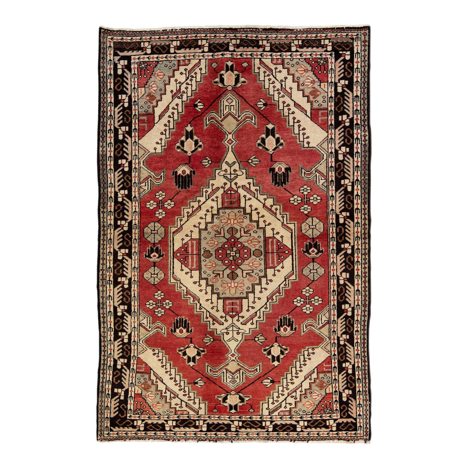 Vintage Handmade Persian Geometric Wool Rug Red 4'4" x 6'8" (1 of 10)