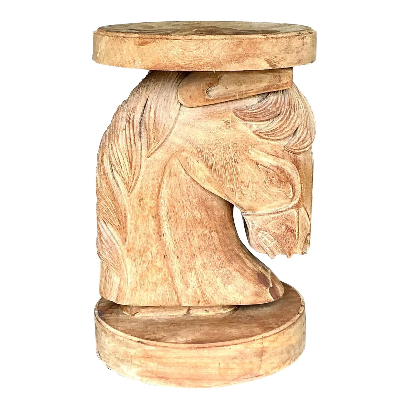 Vintage Boho Carved Wood Horse Head Accent Stool: Vintage Boho Carved Wood Horse Head Accent Stool Enhance your boho decor with this distinctive vintage carved wood stool featuring a captivating horse head design. Crafted from natural wood, this low 