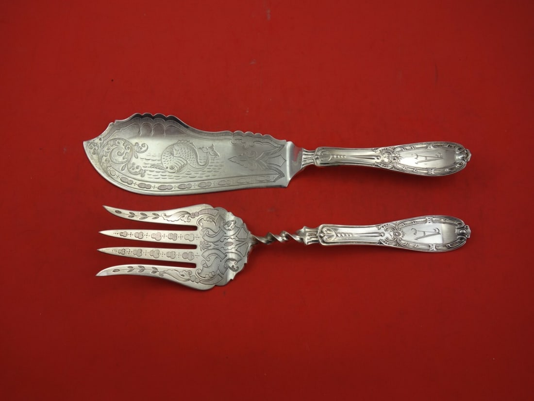 Engraved Coin Silver Fish Serving Set 2-Piece 7.5 ozt Heirloom: Engraved Coin Silver Fish Serving Set 2-Piece 7.5 ozt Heirloom Presenting a stunning 2-piece fish serving set crafted from coin silver, perfect for your dining table or as a cherished heirloom. This e