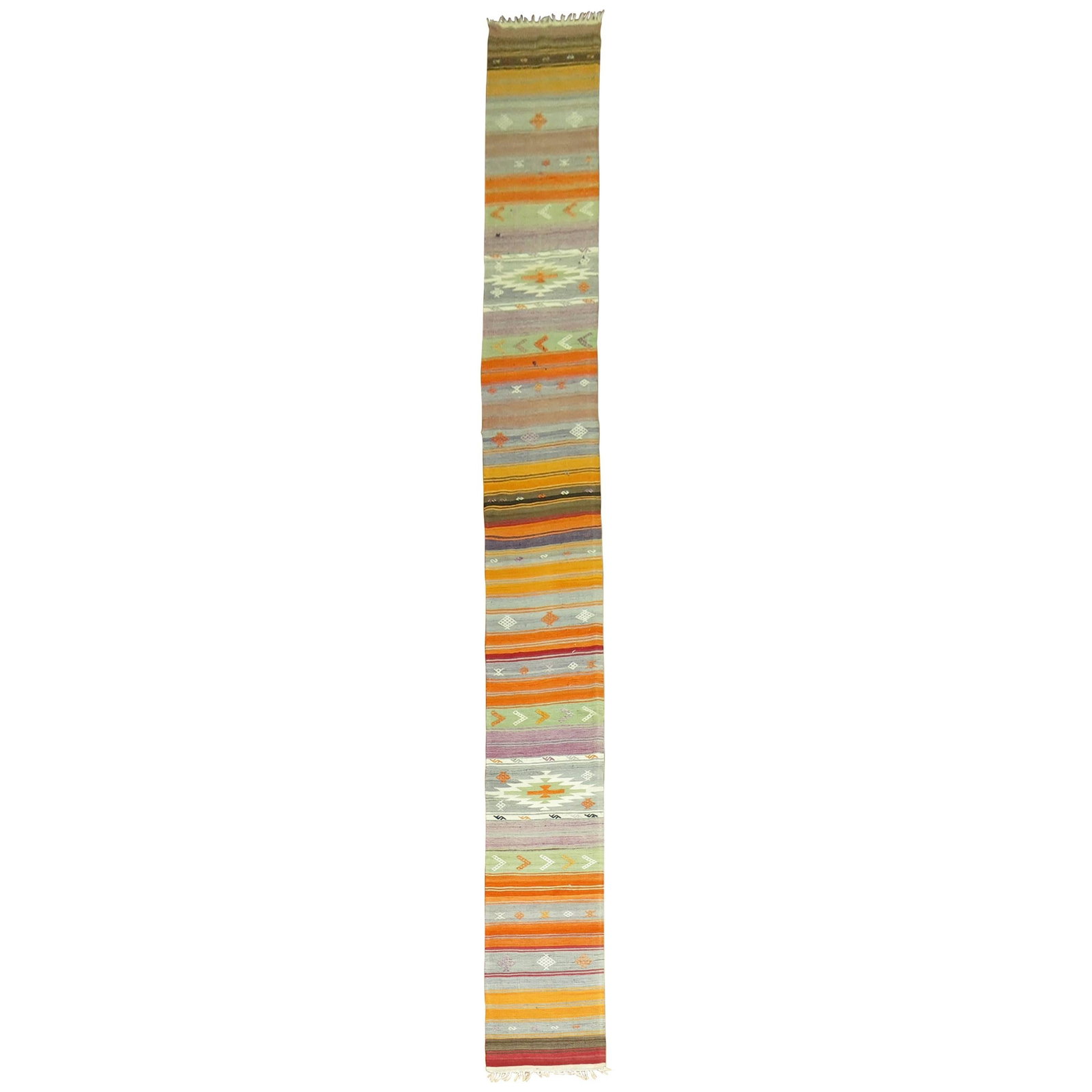 Rare Vintage Turkish Kilim Runner 22in x 211in Bohemian Wool Hand-Knotted: Rare Vintage Turkish Kilim Runner 22in x 211in Bohemian Wool Hand-Knotted This exquisite Long Vintage Kilim Runner showcases a unique Bohemian style, expertly crafted from high-quality wool using hand