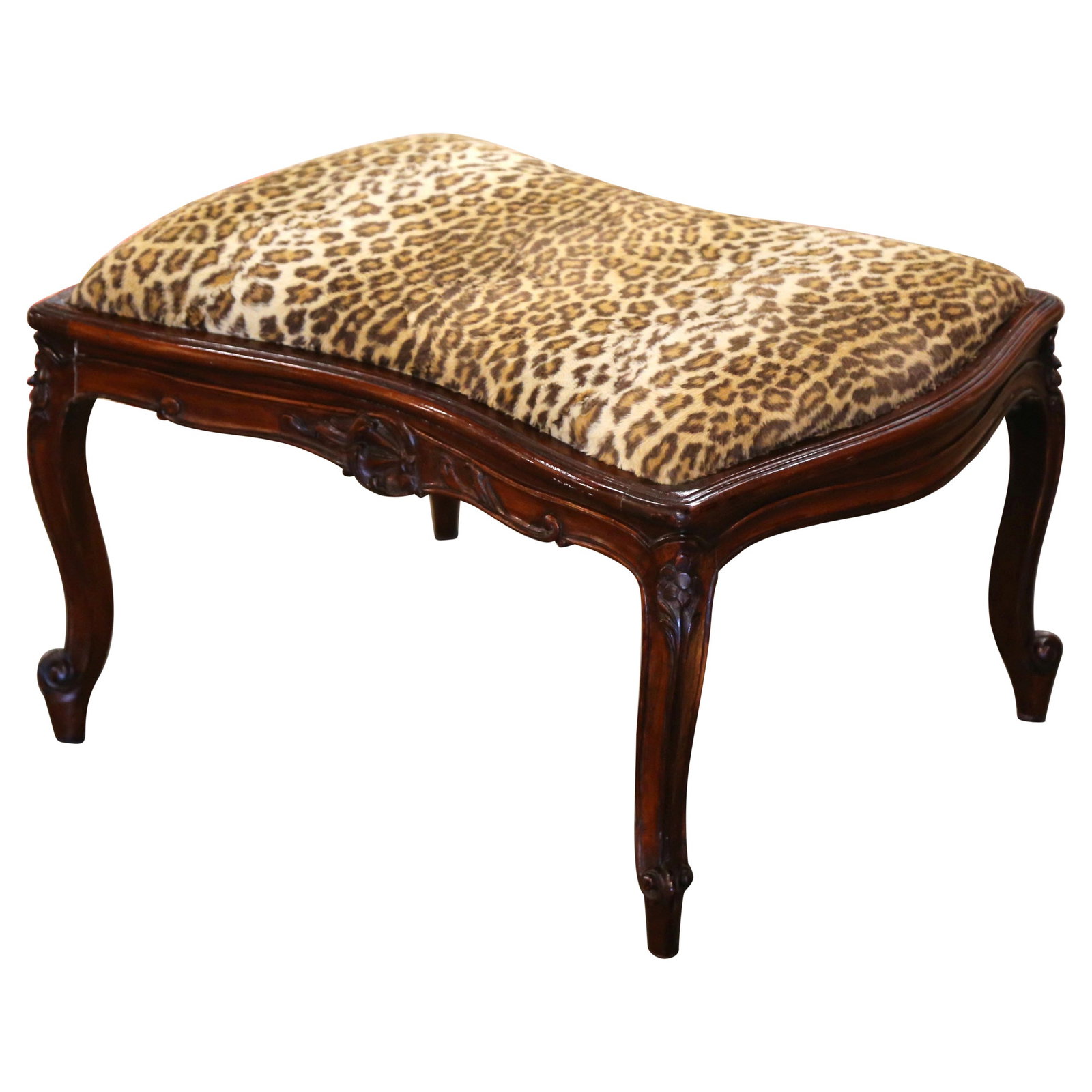 Antique Louis XV Walnut Stool with Leopard Faux Fur Upholstery: Antique Louis XV Walnut Stool with Leopard Faux Fur Upholstery This exquisite Early 20th Century French Louis XV carved walnut stool bench is a stunning addition to any den or living space. Crafted in