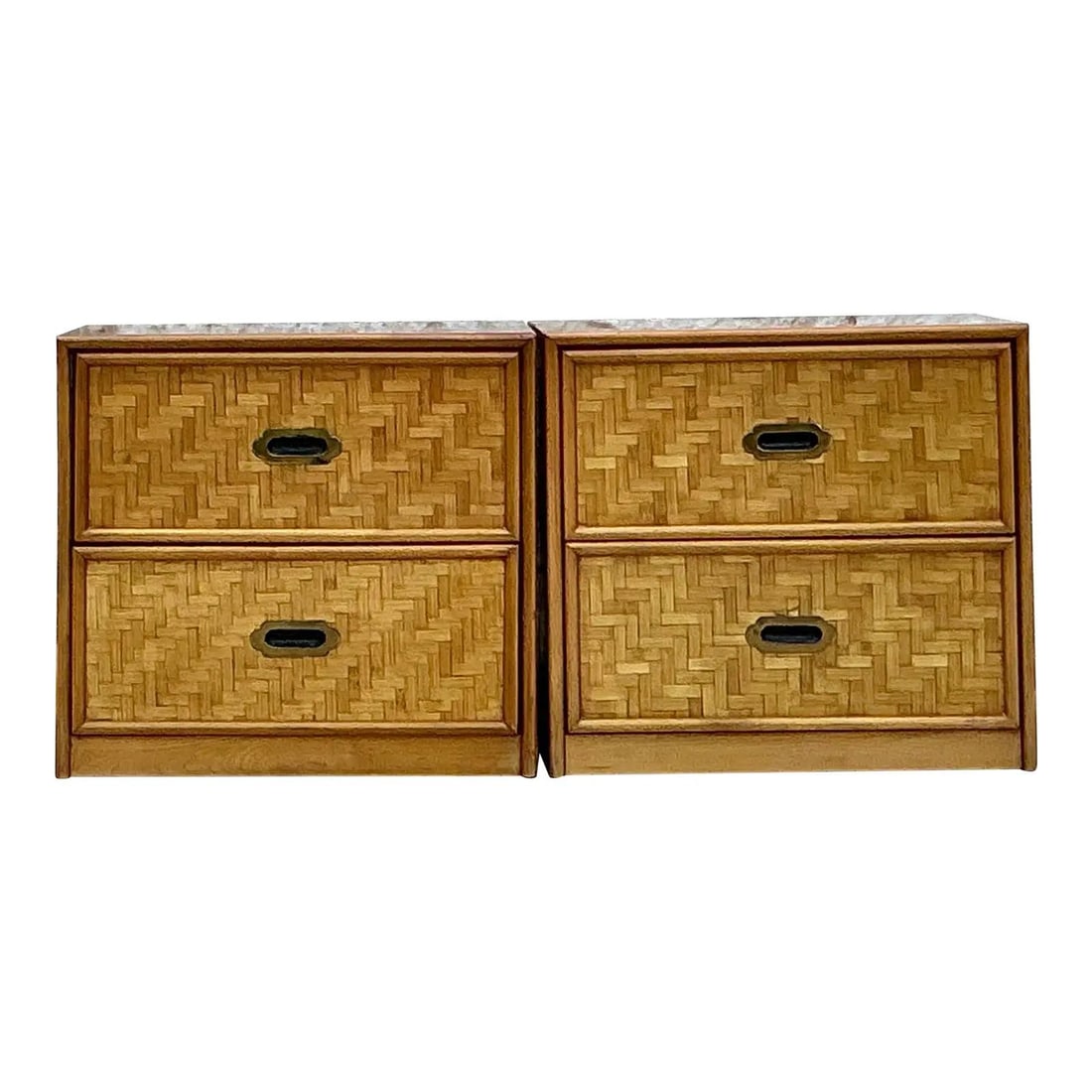 Vintage Coastal Rattan Nightstands Pair with Parquet Design: Vintage Coastal Rattan Nightstands Pair with Parquet Design Enhance your bedroom or living area with this exquisite pair of Vintage Coastal Parquet Rattan Nightstands, showcasing artisanal craftsmansh