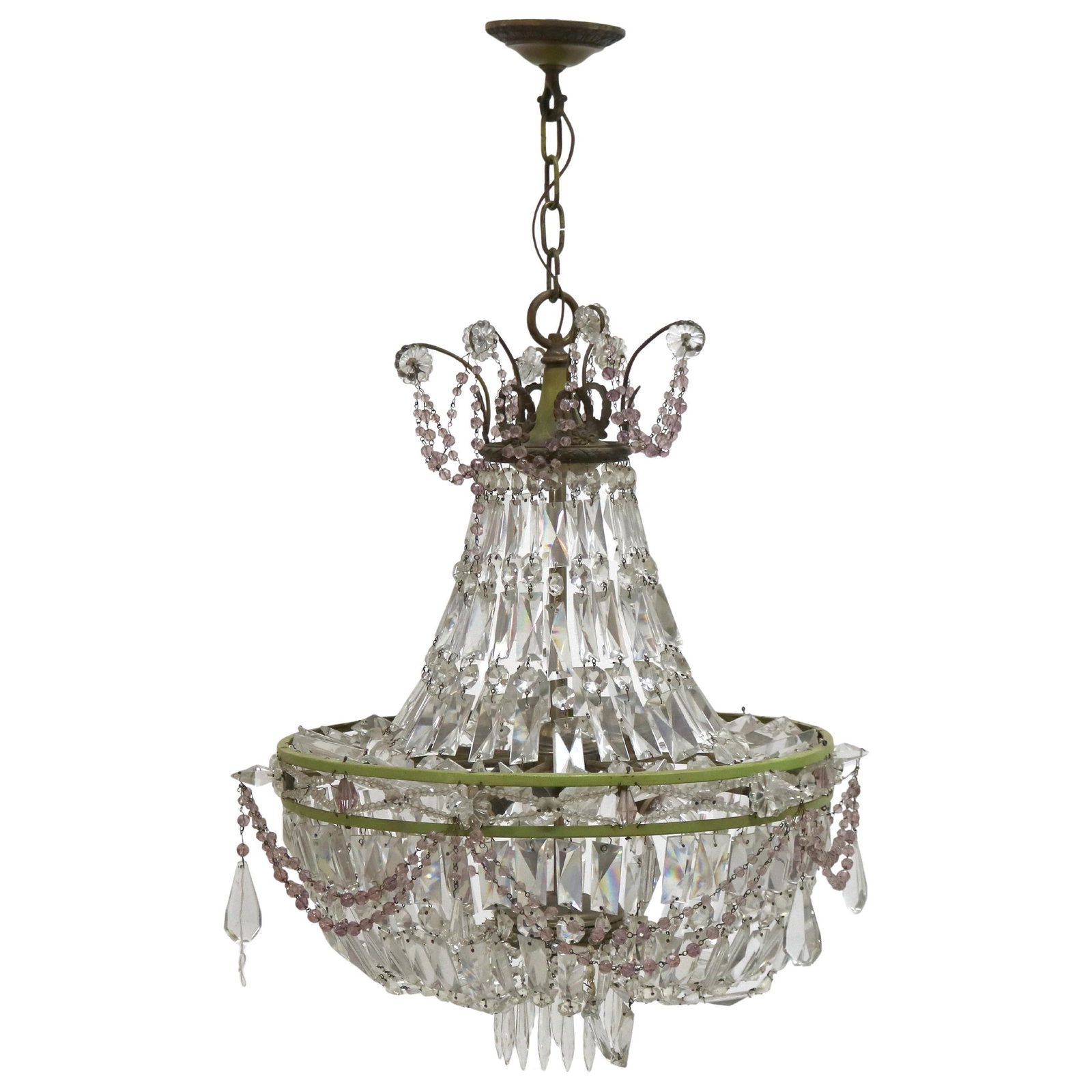 Antique Louis XIV Style Polychromed Crystal Chandelier Circa 1930: Antique Louis XIV Style Polychromed Crystal Chandelier Circa 1930 Illuminate your space with this stunning Antique French Louis XIV Style Polychromed Wedding Cake Chandelier, featuring a captivating t