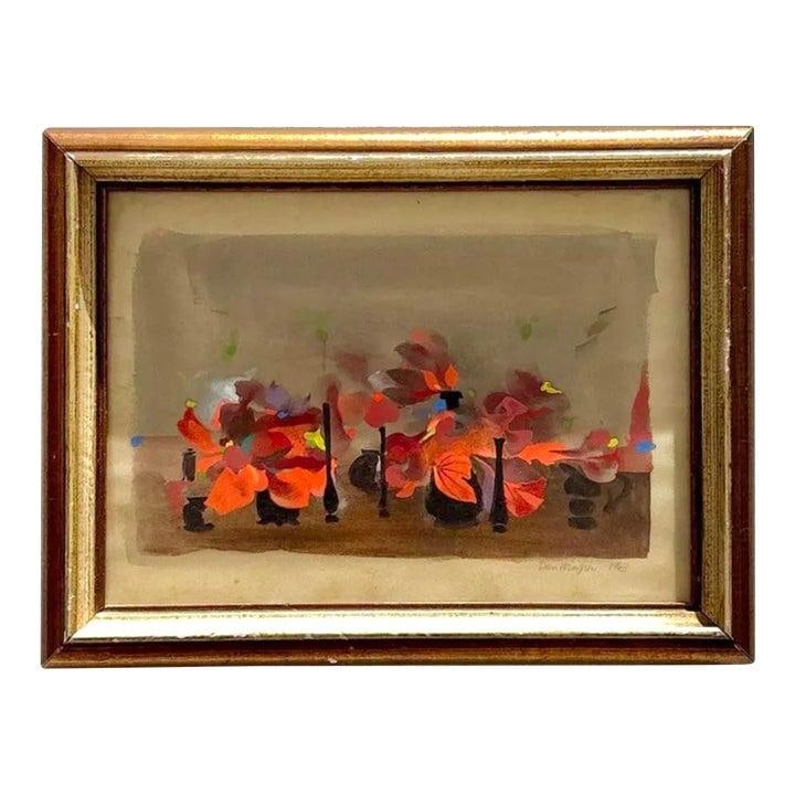 1960s Abstract Floral Art on Paper in Boho Style: 1960s Abstract Floral Art on Paper in Boho Style This vintage Boho 1960s abstract floral painting features vivid bursts of red and orange blossoms set against an apricot background. The composition sh