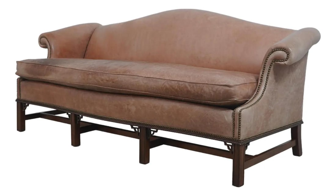 Chippendale Style Brown Leather Sofa Camelback Design 83 Inch (1 of 10)