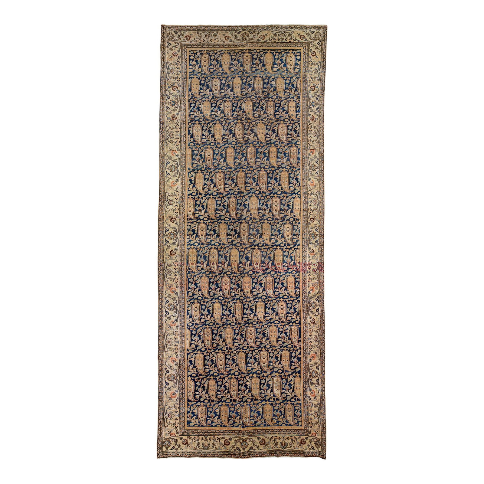 Antique Persian Mashad Wool Rug 6'6 x 17 Blue Rosette Motif: Antique Persian Mashad Wool Rug 6'6 x 17 Blue Rosette Motif This exquisite antique Persian Mashad wool rug features a remarkable hand-knotted design. The captivating blue field serves as the perfect b