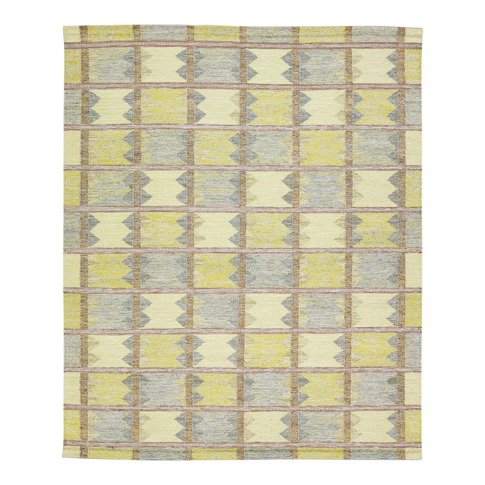 Handmade Scandinavian Geometric Wool Rug Yellow Gray 8'1 x 9'11: Handmade Scandinavian Geometric Wool Rug Yellow Gray 8'1 x 9'11 Add a touch of modern elegance to your space with this stunning Scandinavian style wool rug. Featuring a vibrant yellow and gray field, 