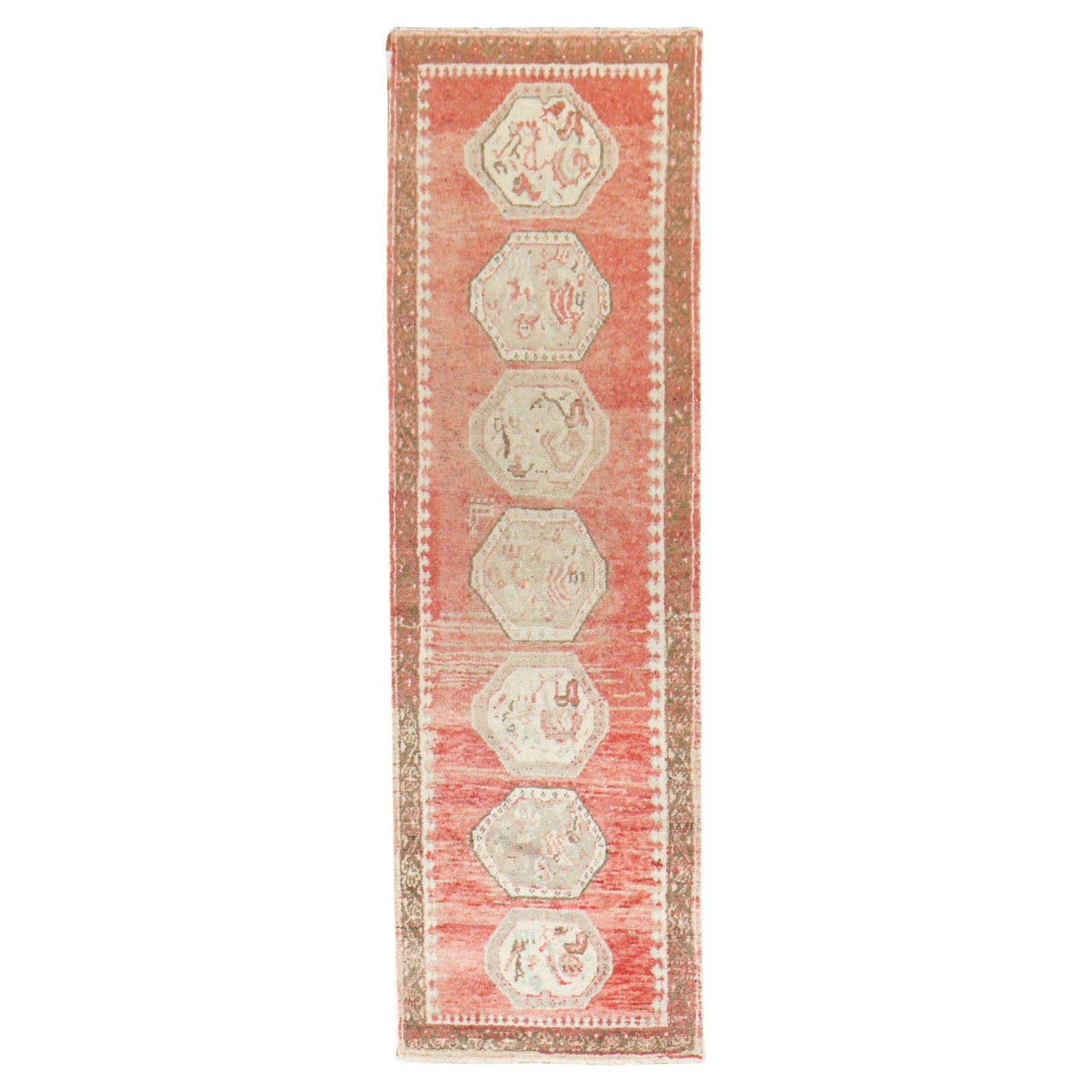 Zabihi Collection Vintage Red Turkish Oushak Runner 28 x 90 Hand-Woven Wool: Zabihi Collection Vintage Red Turkish Oushak Runner 28 x 90 Hand-Woven Wool Introducing a stunning Red Vintage Turkish Oushak Narrow Runner, meticulously hand-woven from high-quality wool. This mid-20