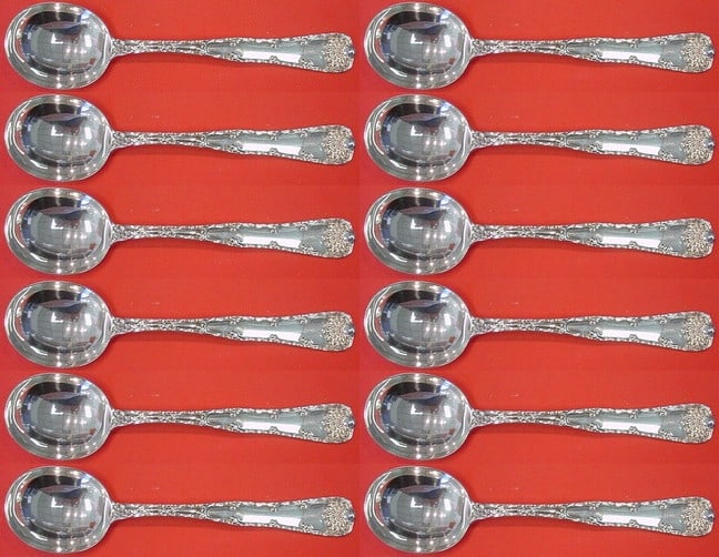Tiffany & Co Wave Edge Sterling Silver Soup Spoon Set 12 pieces 8 inch: Tiffany & Co Wave Edge Sterling Silver Soup Spoon Set 12 pieces 8 inch Enhance your dining experience with this exquisite 12-piece set of Wave Edge gumbo soup spoons by Tiffany & Co. Crafted from high