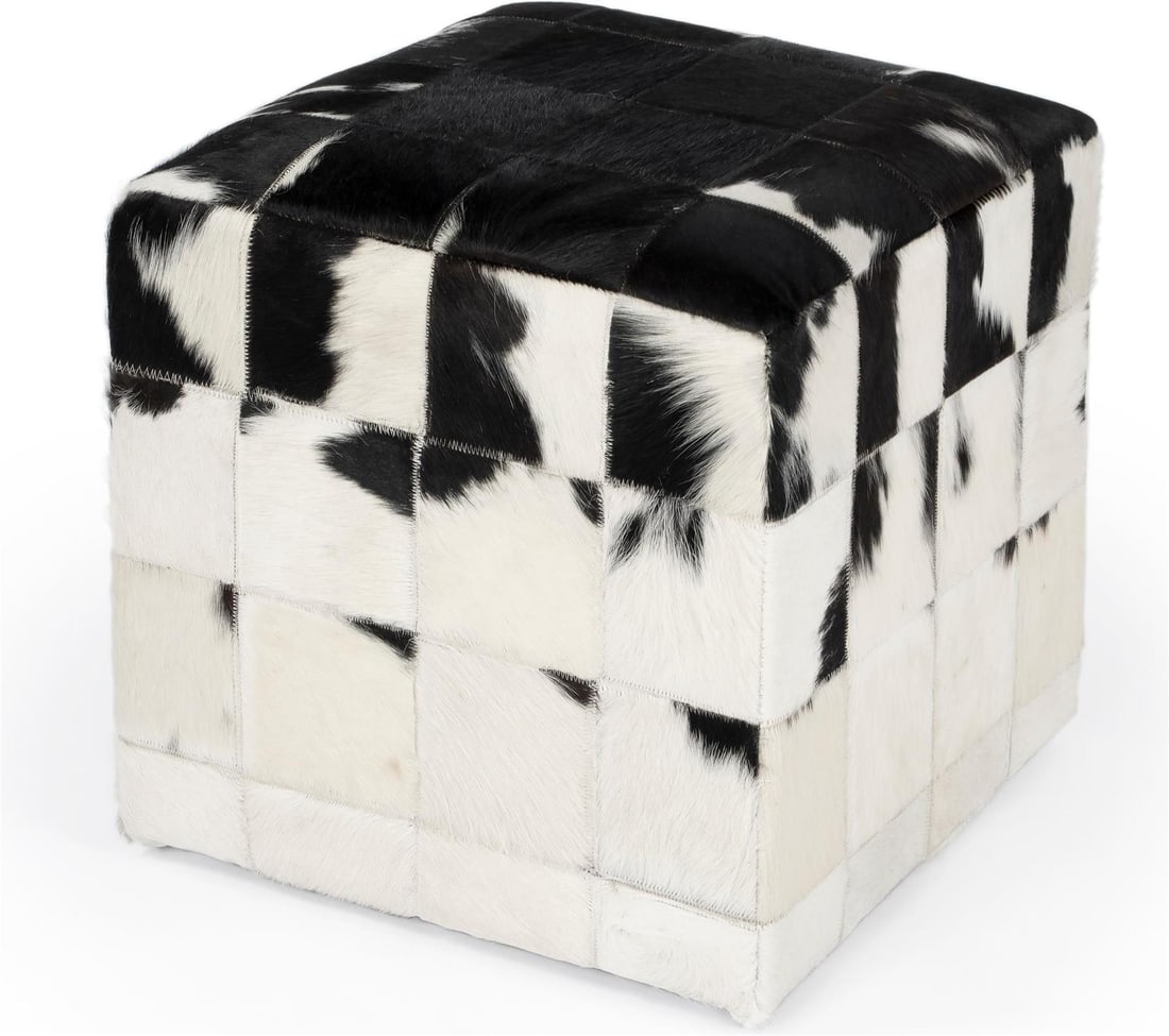 Butler Victorian Ottoman Hair-on-Hide Finish Industrial Style: Butler Victorian Ottoman Hair-on-Hide Finish Industrial Style Introducing the Butler Victorian Ottoman, a perfect blend of classic and modern design. This stylish piece features a unique hair-on-hide 