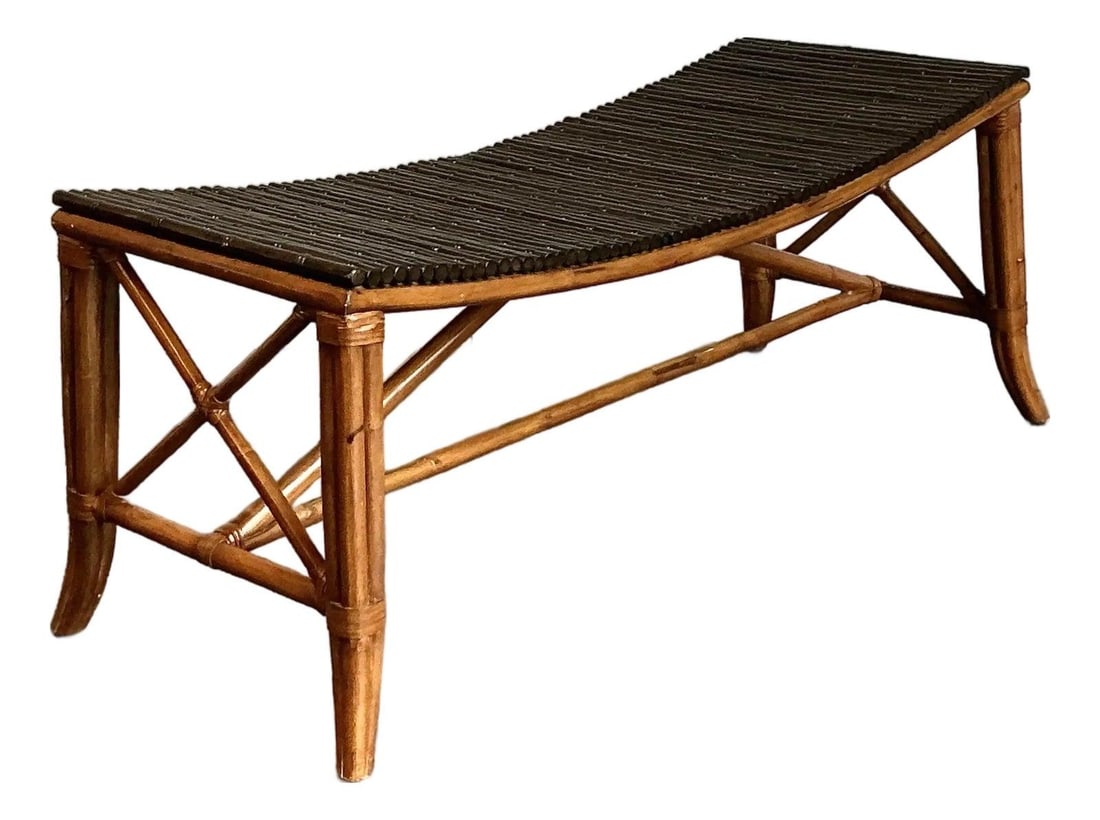 California Coastal 1970s Bamboo Bench With Curved Frame and Slatted Top: California Coastal 1970s Bamboo Bench With Curved Frame and Slatted Top This vintage Palecek bamboo bench from the 1970s exemplifies California Coastal style with its elegantly curved honey-toned bamb
