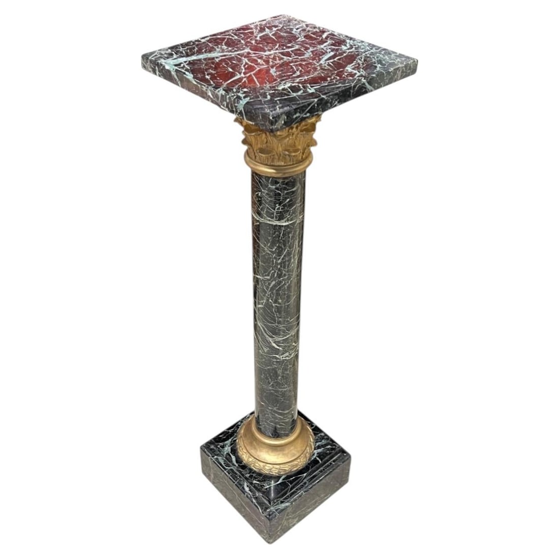 Neoclassical Revival Green Marble Pedestal with Gilt Bronze Mounts c1900: Neoclassical Revival Green Marble Pedestal with Gilt Bronze Mounts c1900 This antique pedestal showcases Roman neoclassical style, crafted circa 1900 from variegated green marble with gilt bronze moun