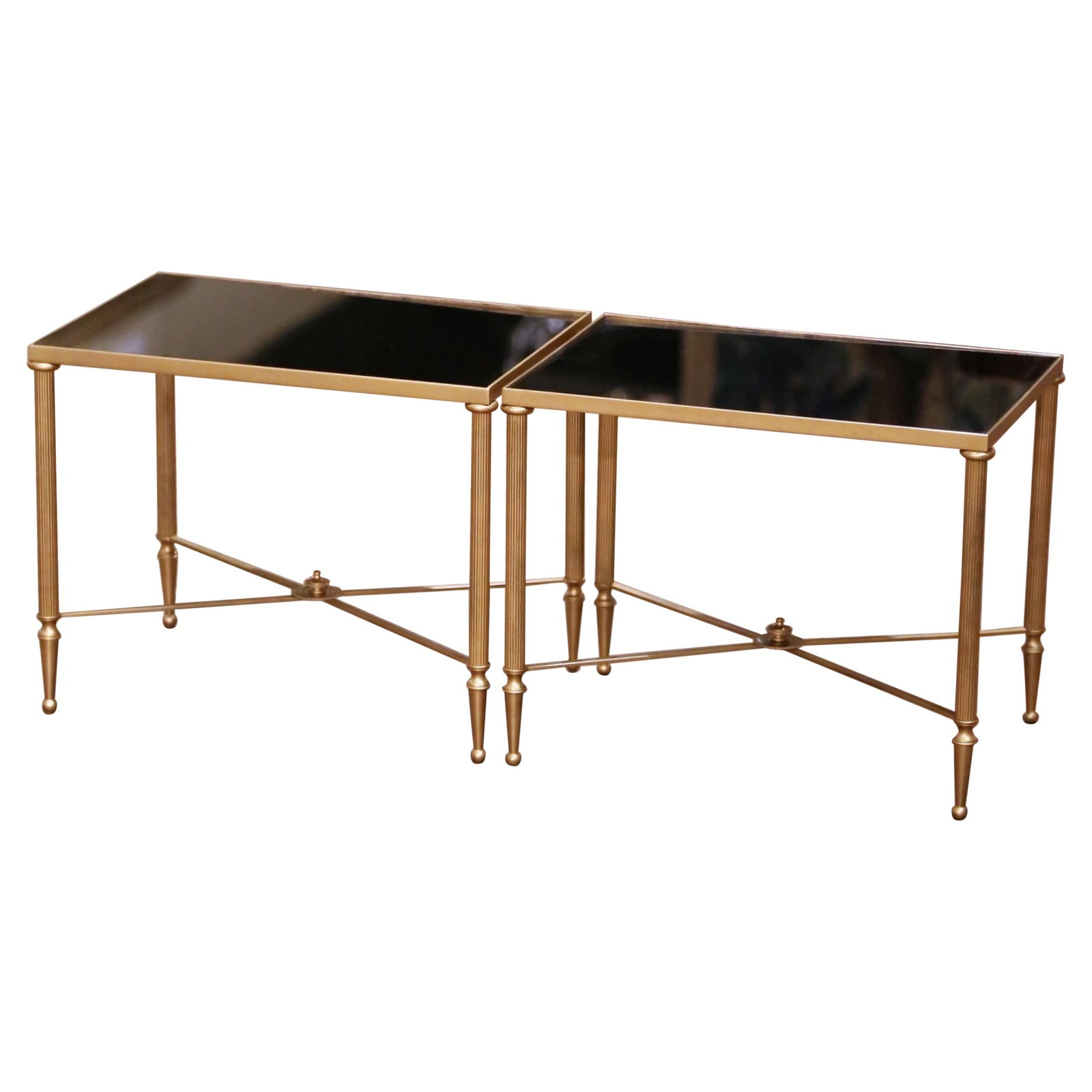 Set of 2 French Brass Side Tables with Black Glass Tops Attributed to Maison Bagues (1 of 8)