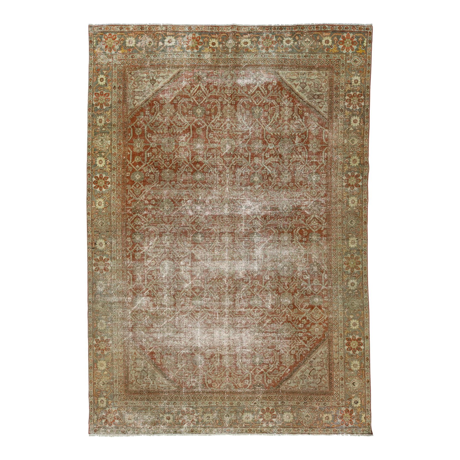 Handmade Antique Persian Mahal Wool Rug 8'2 x 12' Rust Allover Design: Handmade Antique Persian Mahal Wool Rug 8'2 x 12' Rust Allover Design This exquisite handmade antique Persian Mahal rug showcases a stunning all-over design featuring rich blue, brown, and beige accen