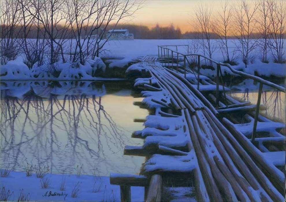 Alexei Butirskiy Old Log Bridge Limited Edition Signed Giclee Print on Canvas: Alexei Butirskiy Old Log Bridge Limited Edition Signed Giclee Print on Canvas This limited edition giclee on canvas titled "Old Log Bridge" by artist Alexei Butirskiy showcases a stunning realism styl