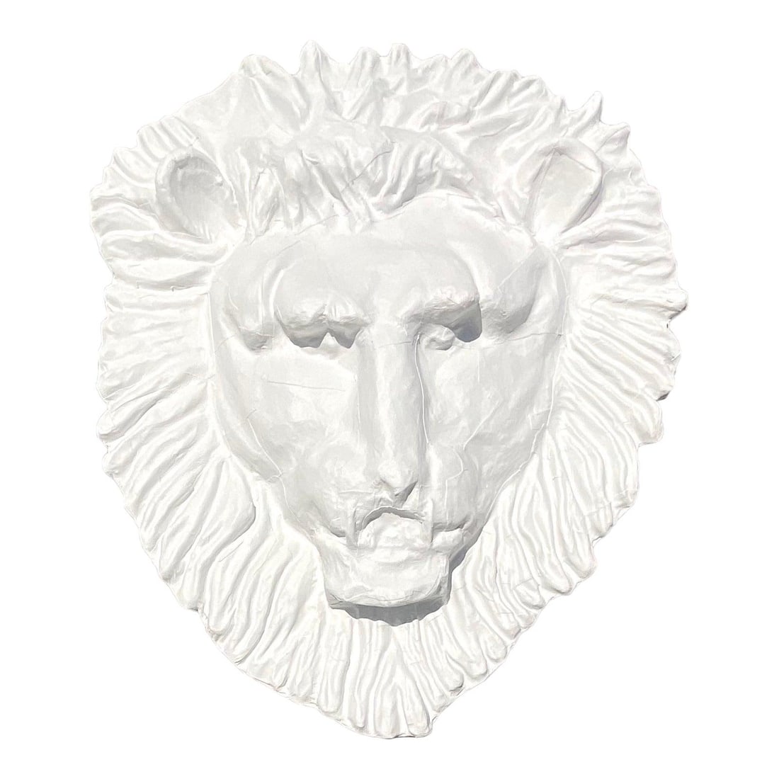 Vintage Boho White Leather Lion's Head Wall Sculpture 46.5x54.25: Vintage Boho White Leather Lion's Head Wall Sculpture 46.5x54.25 Enhance your decor with this Vintage Boho Monumental Painted Leather Lion's Head Wall Sculpture. This extraordinary piece showcases Ame