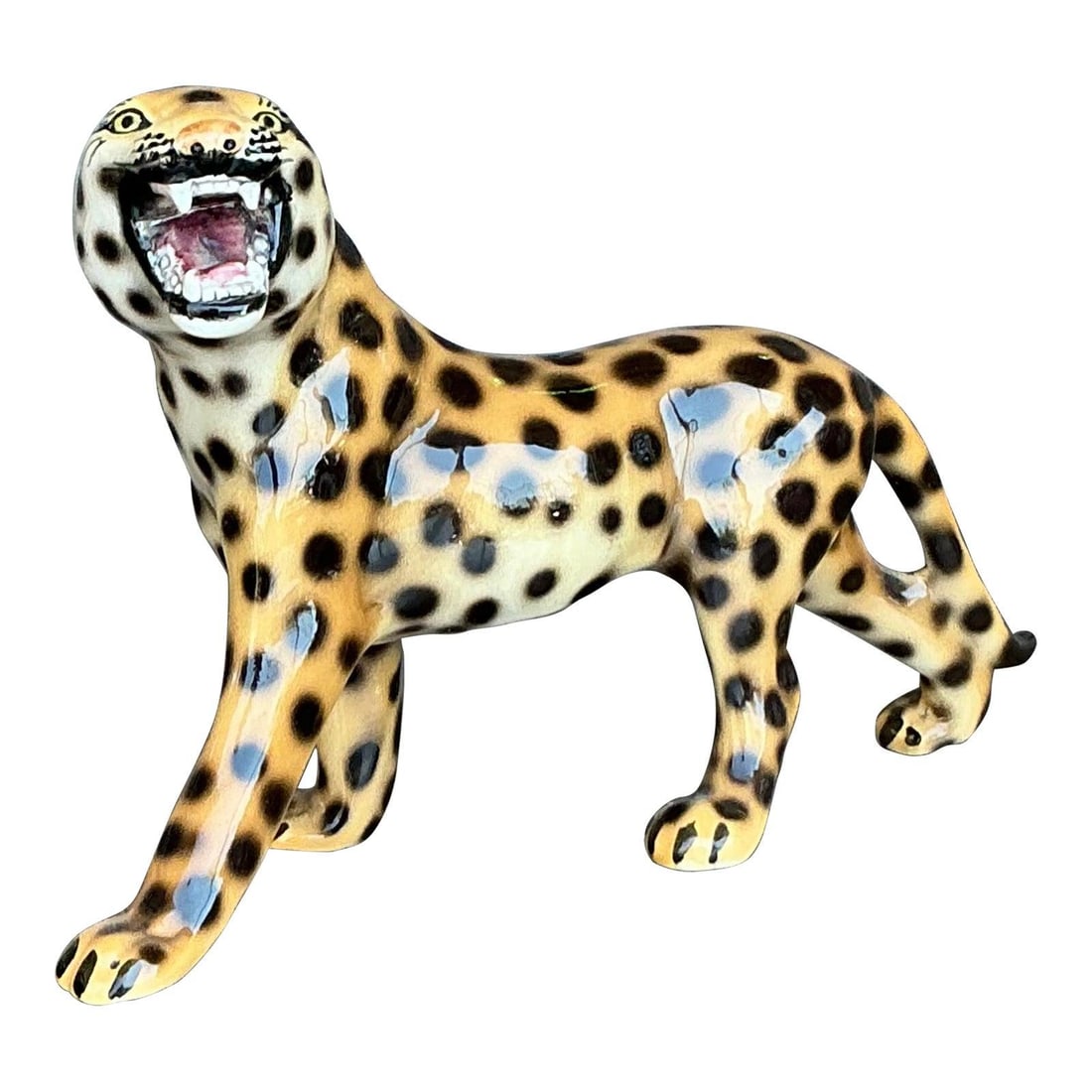 Vintage Italian Ceramic Leopard Figurine Hand-Painted Glossy Amber 8.75" W: Vintage Italian Ceramic Leopard Figurine Hand-Painted Glossy Amber 8.75" W Add a touch of exotic elegance to your decor with this Vintage Italian Glazed Ceramic Leopard Figurine. This striking piece f