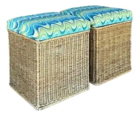Vintage Coastal Rattan Ottoman Pair with Wave Pattern Cushions: Vintage Coastal Rattan Ottoman Pair with Wave Pattern Cushions Embrace the vibrant, carefree spirit of coastal living with this delightful pair of vintage woven rattan low stools. Expertly hand-woven 