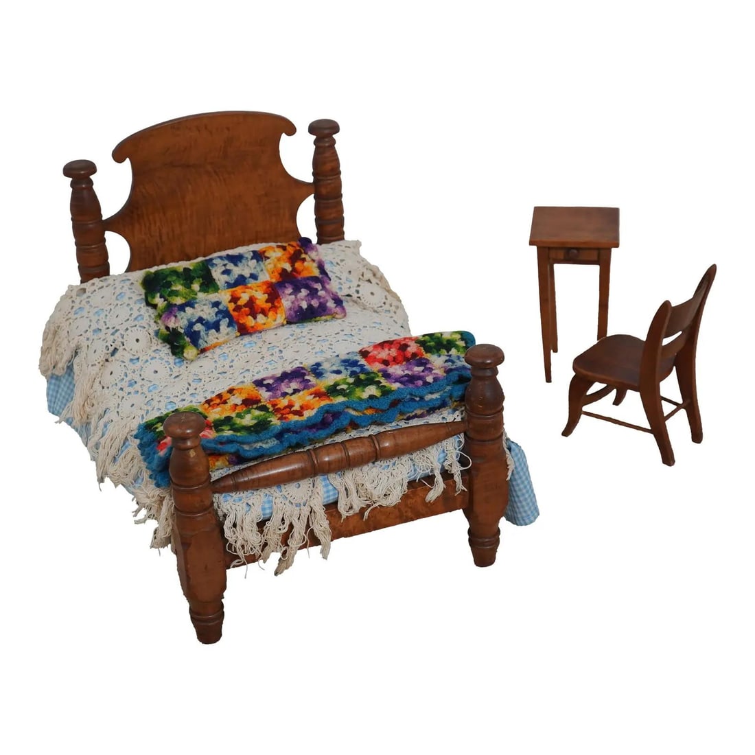 Antique 3 Piece Doll Size Country Bed Set Tiger Maple Furniture (1 of 10)