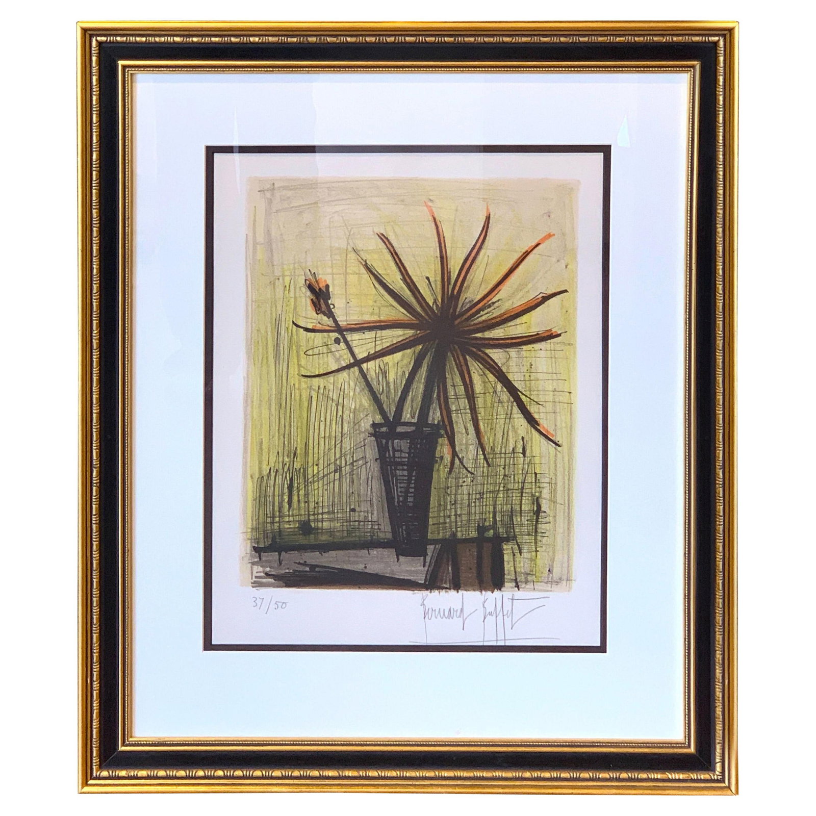 Bernard Buffet Floral Still Life Lithograph 37/50 Signed France 1960s: Bernard Buffet Floral Still Life Lithograph 37/50 Signed France 1960s This exquisite floral still life lithograph by Bernard Buffet is a striking piece from the 1960s, showcasing his distinctive style