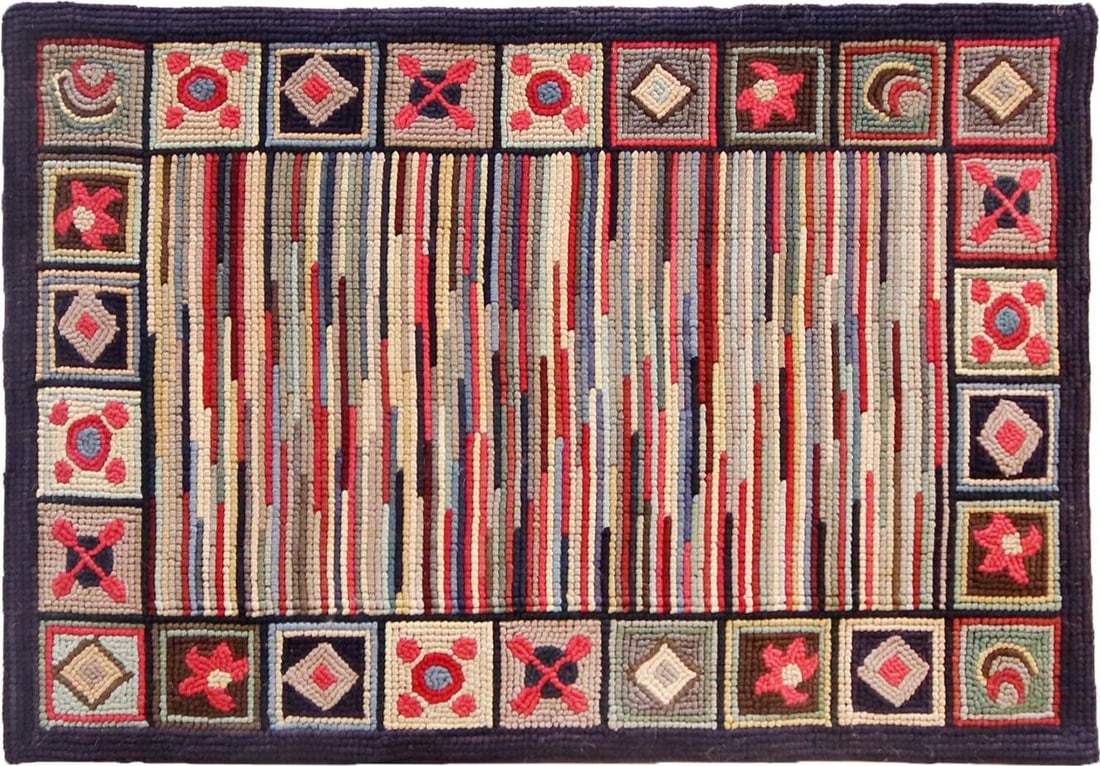 Sustainable Multi-Color Hooked Rug 3x5 American Style: Sustainable Multi-Color Hooked Rug 3x5 American Style This beautiful hooked rug combines traditional craftsmanship with sustainable materials, featuring a vibrant multi-color design that adds characte