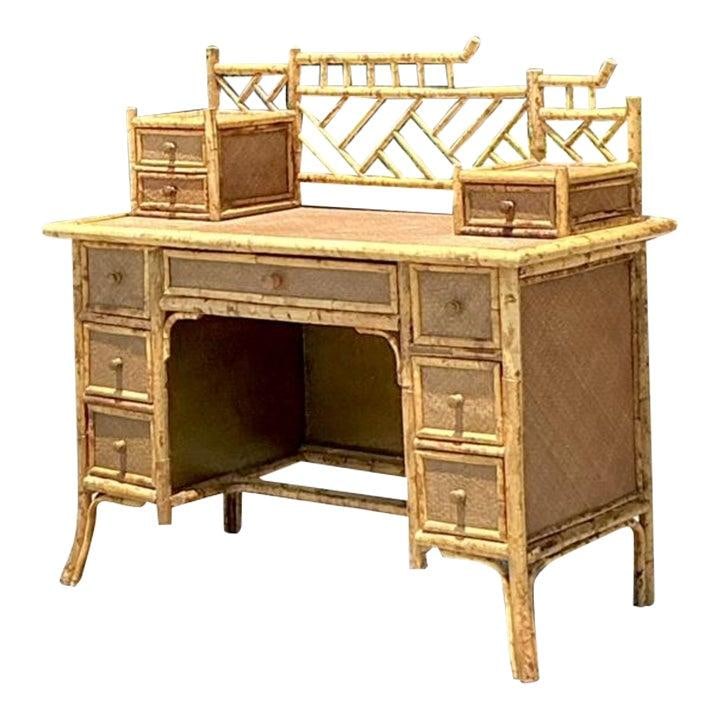 Vintage Coastal Woven Rattan Chinese Chippendale Vanity 47.25" (1 of 6)
