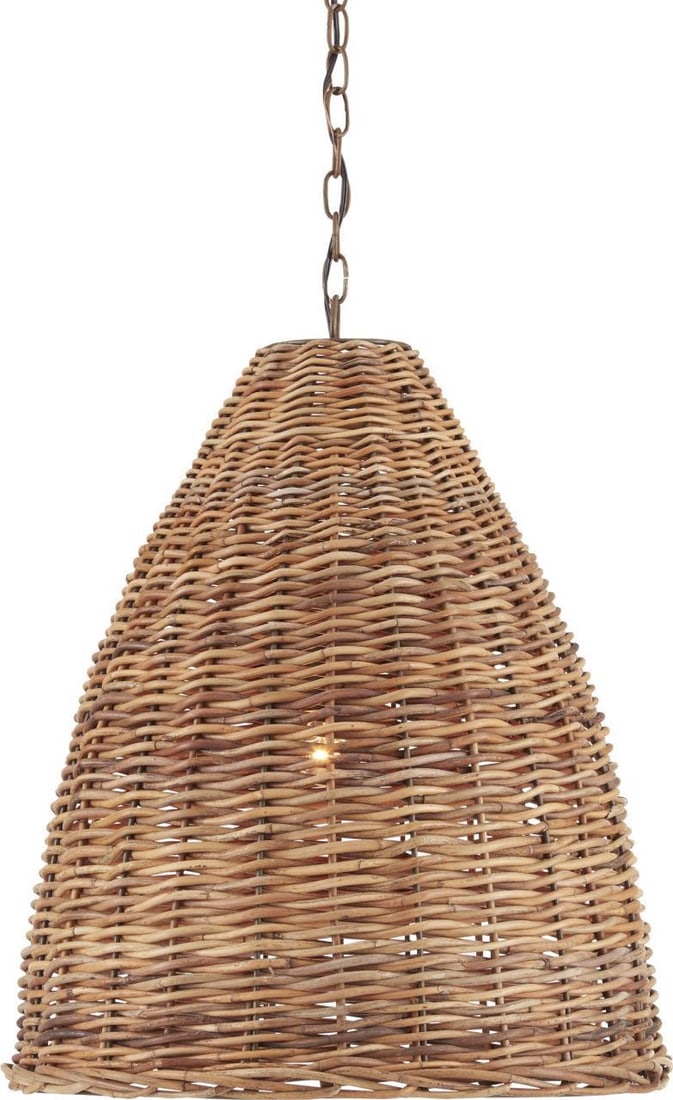 Currey Natural Rattan Basket Pendant Light Rustic Style 24H 21W 21D: Currey Natural Rattan Basket Pendant Light Rustic Style 24H 21W 21D Illuminate your rustic interiors with this exquisite Natural Rattan Basket Pendant. Measuring 24 inches in height and 21 inches in w