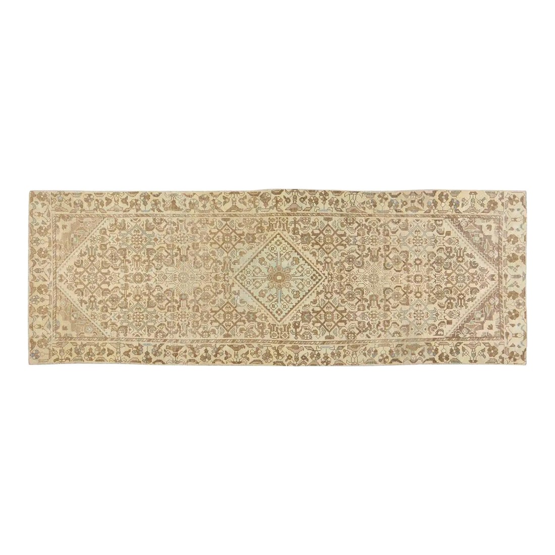 Turkish Wool Runner Hand Knotted Vintage 3'3'' x 9'5'': Turkish Wool Runner Hand Knotted Vintage 3'3'' x 9'5'' This vintage Turkish hand-knotted rug is crafted from wool using traditional techniques, blending expert craftsmanship with a modern touch. Its r