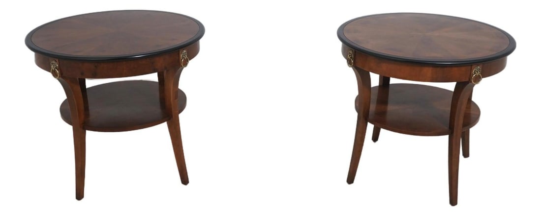 Set of Two Walnut French Empire Style Round Side Tables with Brass Lion Accents (1 of 10)