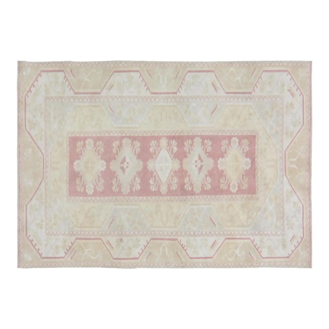 Blush Wool Rug Hand Knotted Turkish Anatolian 4" x 5'10" Vintage: Blush Wool Rug Hand Knotted Turkish Anatolian 4" x 5'10" Vintage This vintage Turkish Anatolian hand-knotted wool rug showcases traditional craftsmanship combined with a modern design sensibility.
