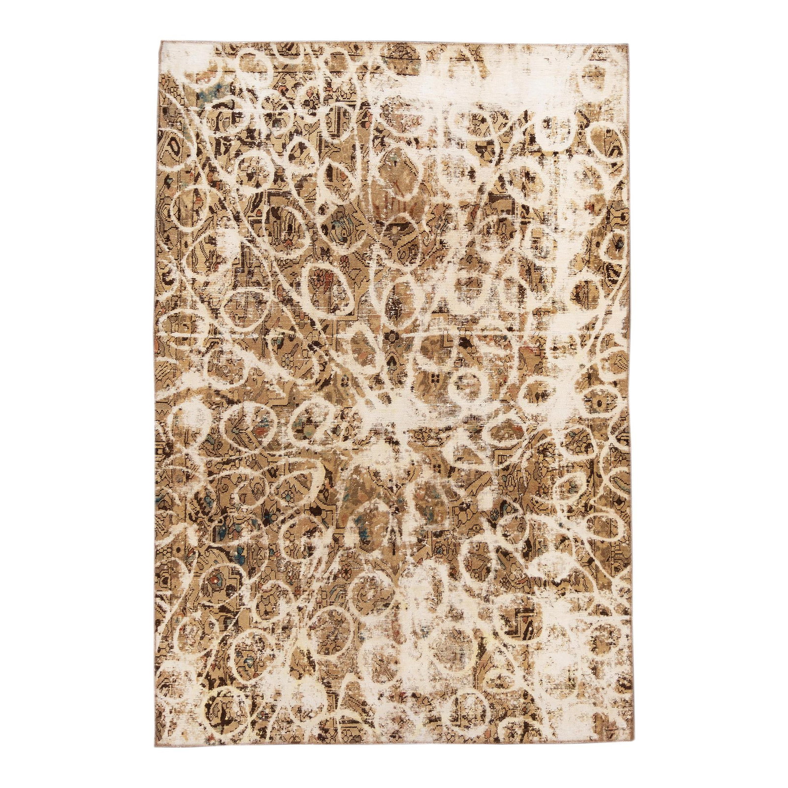 Handmade Vintage Abstract Tan Wool Rug 7'2" X 10'6" Distressed Design: Handmade Vintage Abstract Tan Wool Rug 7'2" X 10'6" Distressed Design Add a touch of elegance to your space with this beautiful hand-knotted vintage wool rug. Featuring a soft tan field complemented